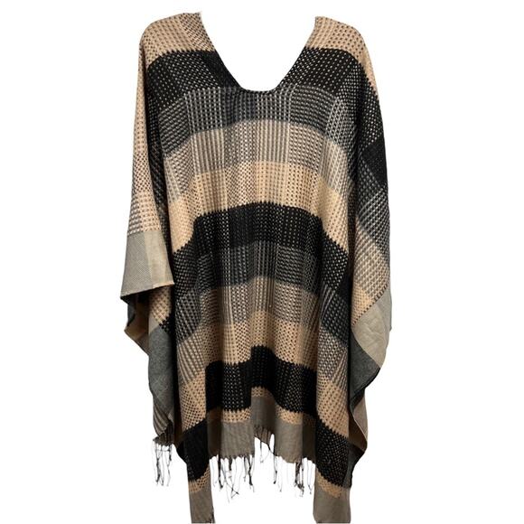 Collection 18 Women One Size Wrap Bohemian Tan Black Fringe Soft Winter Fall NEW - Picture 2 of 12